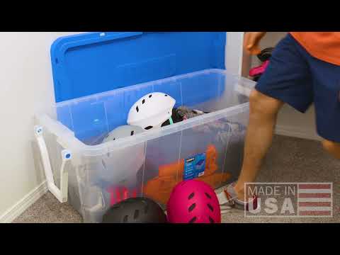 68 Qt Clear Latching Plastic Storage Tote with Blue Lid