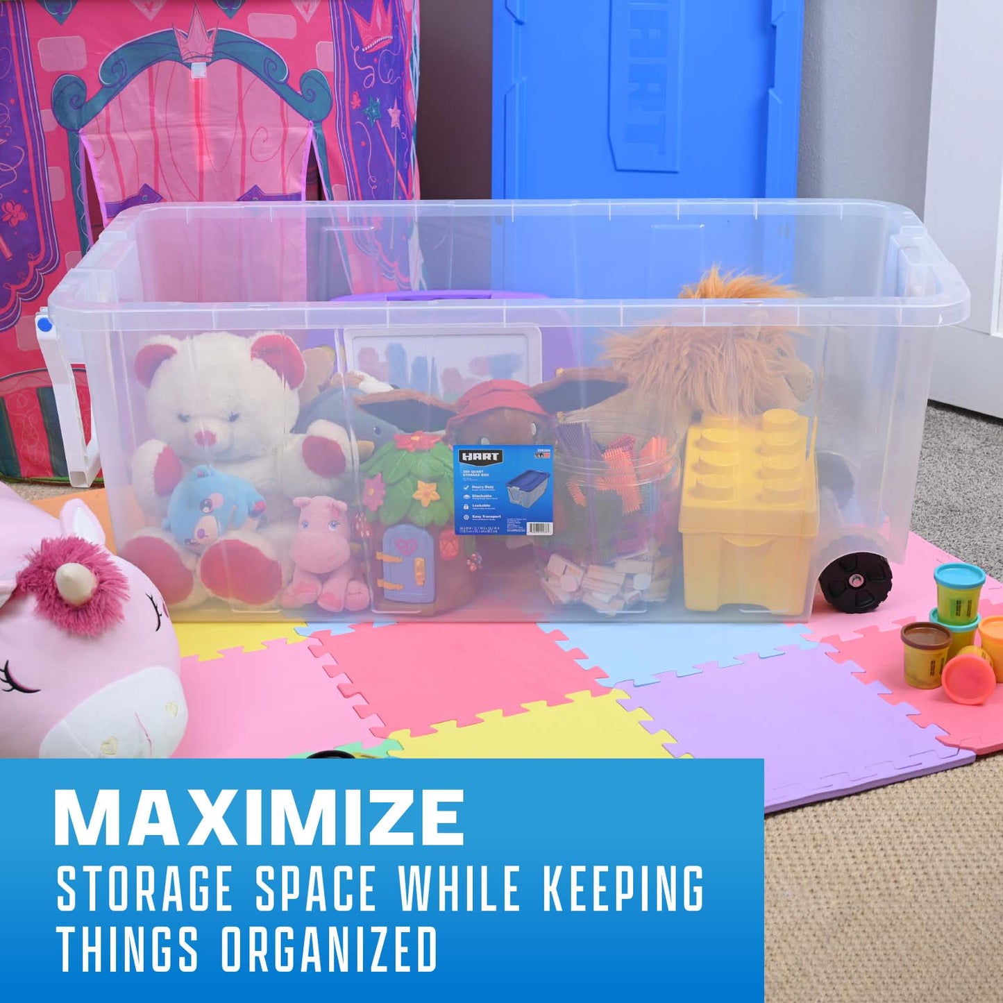 200 Qt Clear Rolling Plastic Storage Tote with Blue Lid