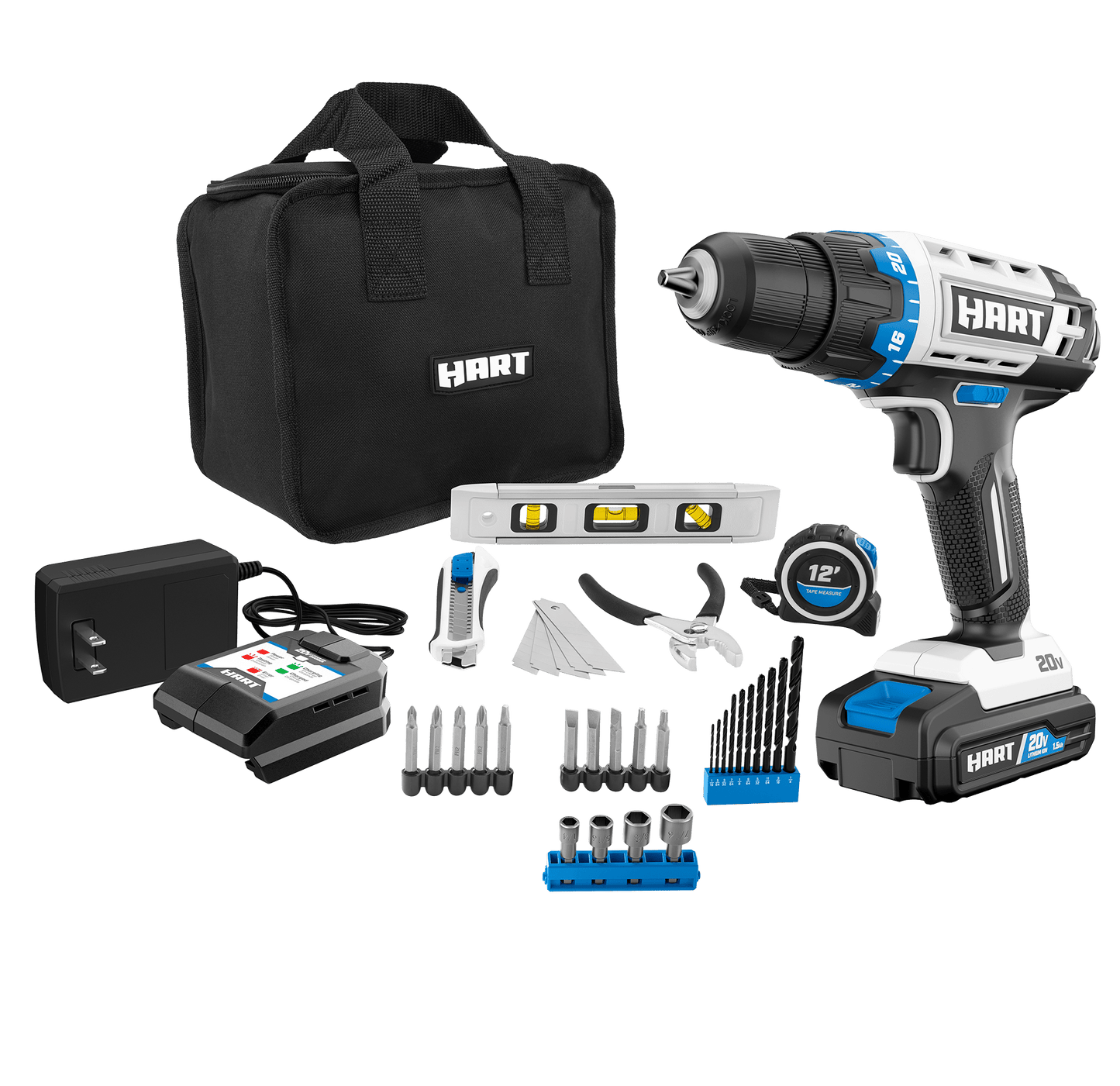 20V 3/8” Cordless Drill/Driver Combo Kit + Accessories (Level, Tape Measure, Slide Knife, Pliers)