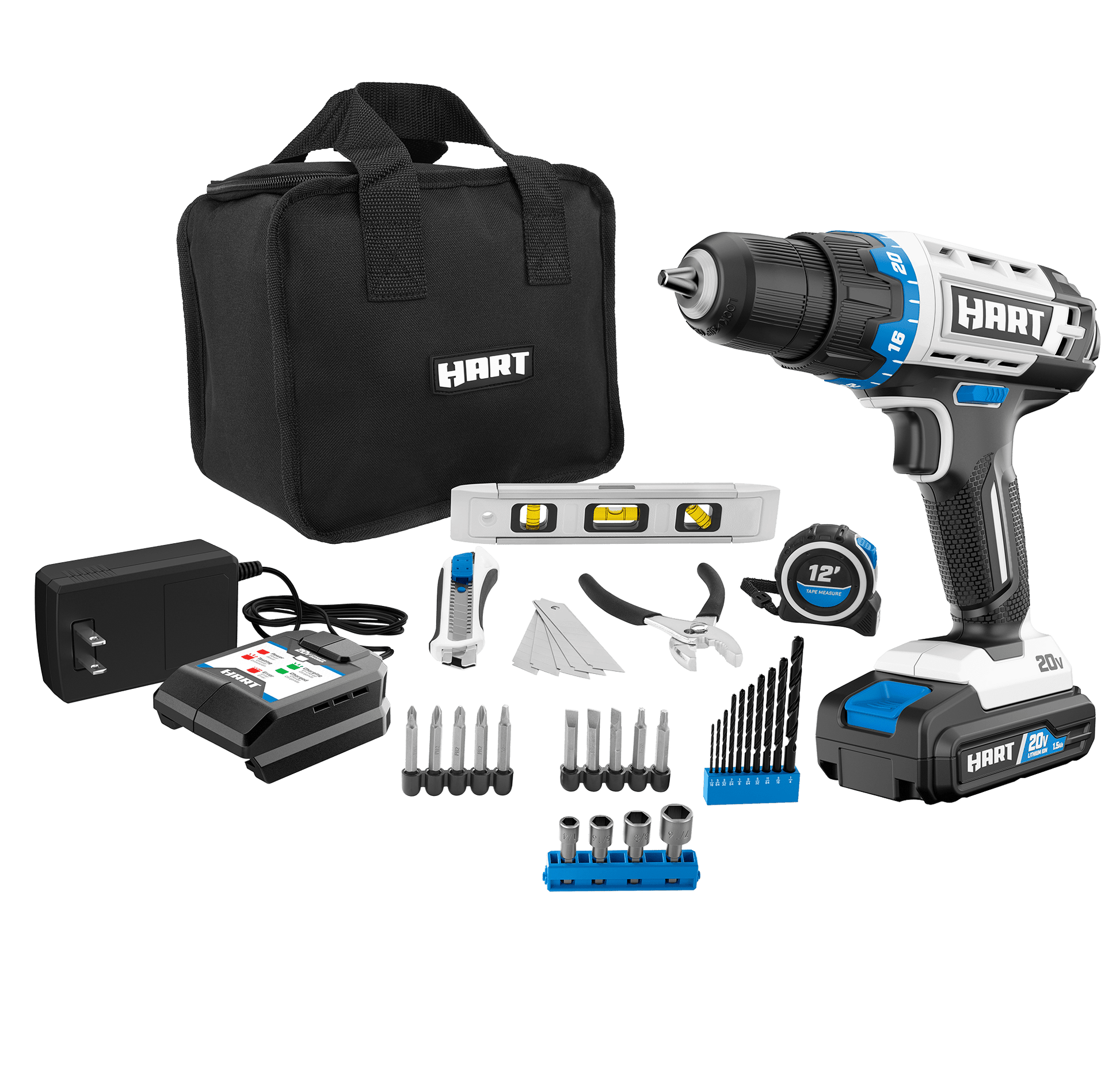 20V 3/8” Cordless Drill/Driver Combo Kit + Accessories (Level, Tape Measure, Slide Knife, Pliers)