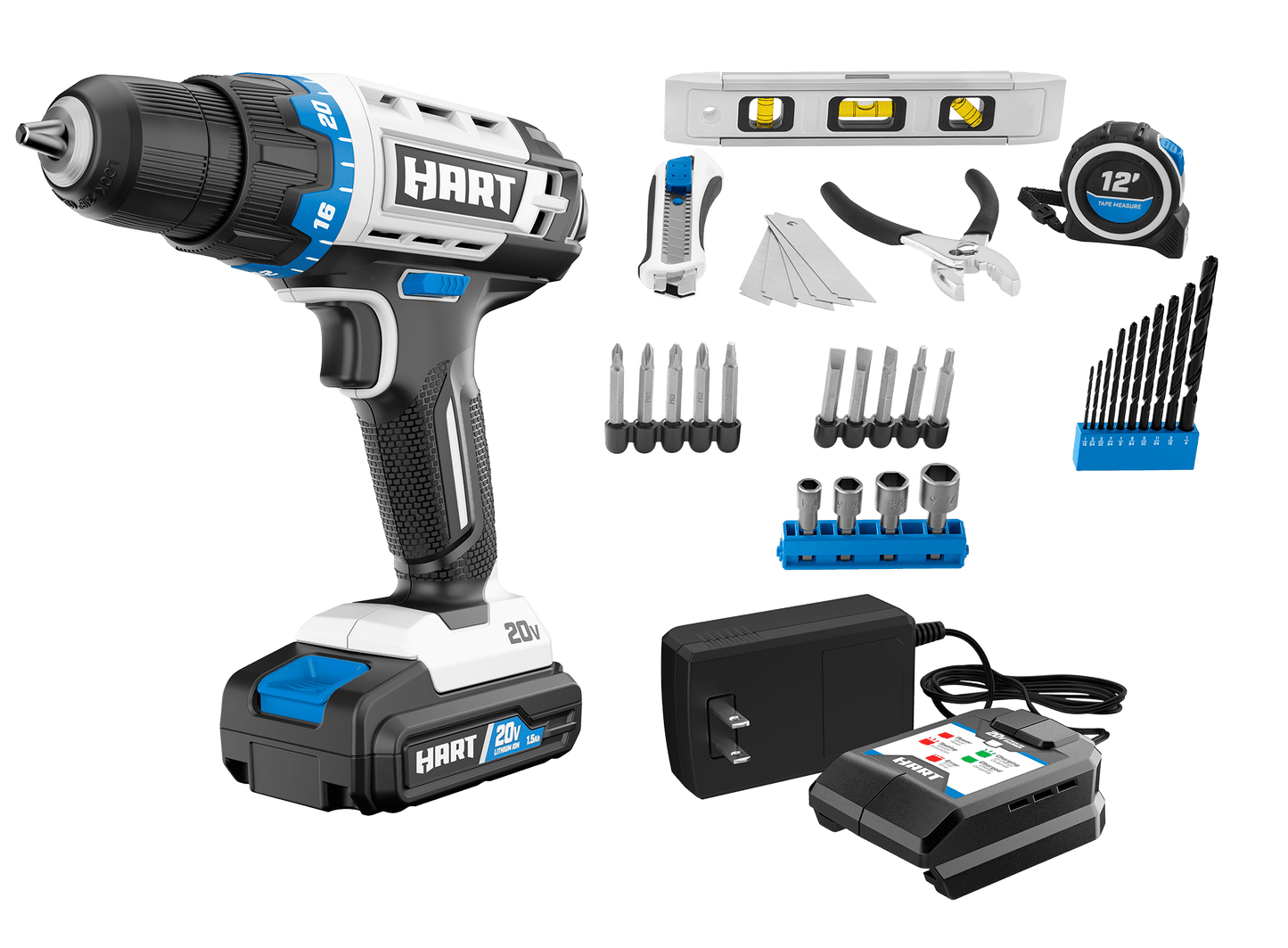 20V 3/8” Cordless Drill/Driver Combo Kit + Accessories (Level, Tape Measure, Slide Knife, Pliers)