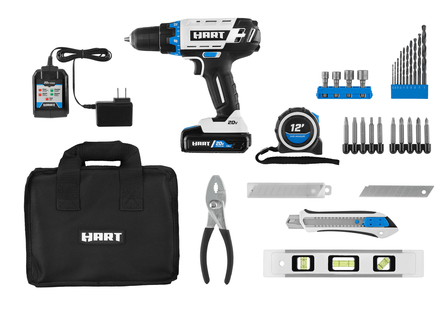 20V 3/8” Cordless Drill/Driver Combo Kit + Accessories (Level, Tape Measure, Slide Knife, Pliers)