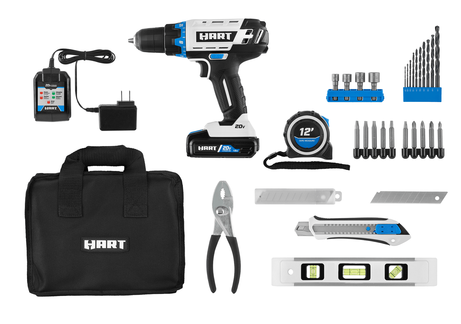 20V 3/8” Cordless Drill/Driver Combo Kit + Accessories (Level, Tape Measure, Slide Knife, Pliers)