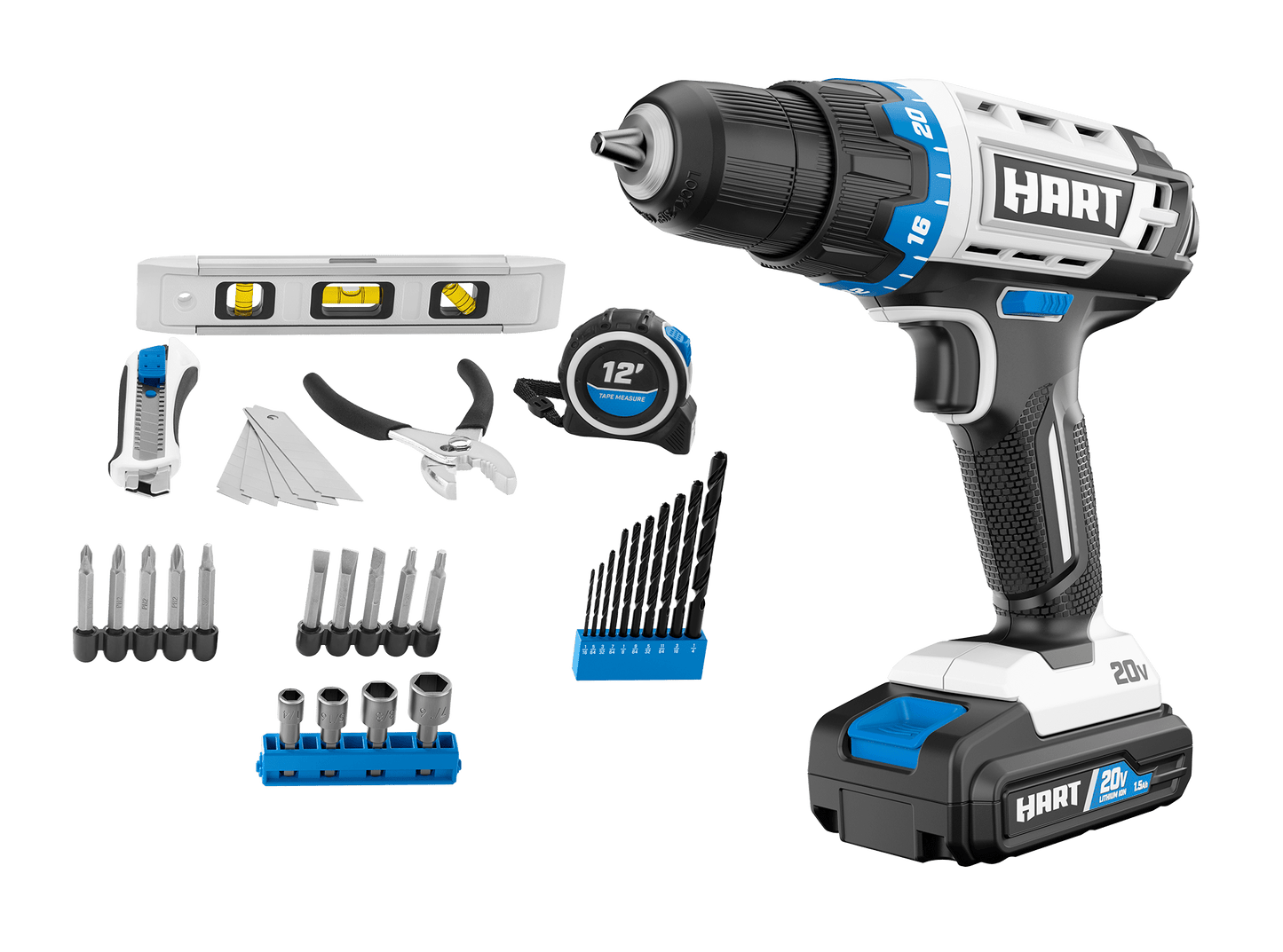 20V 3/8” Cordless Drill/Driver Combo Kit + Accessories (Level, Tape Measure, Slide Knife, Pliers)