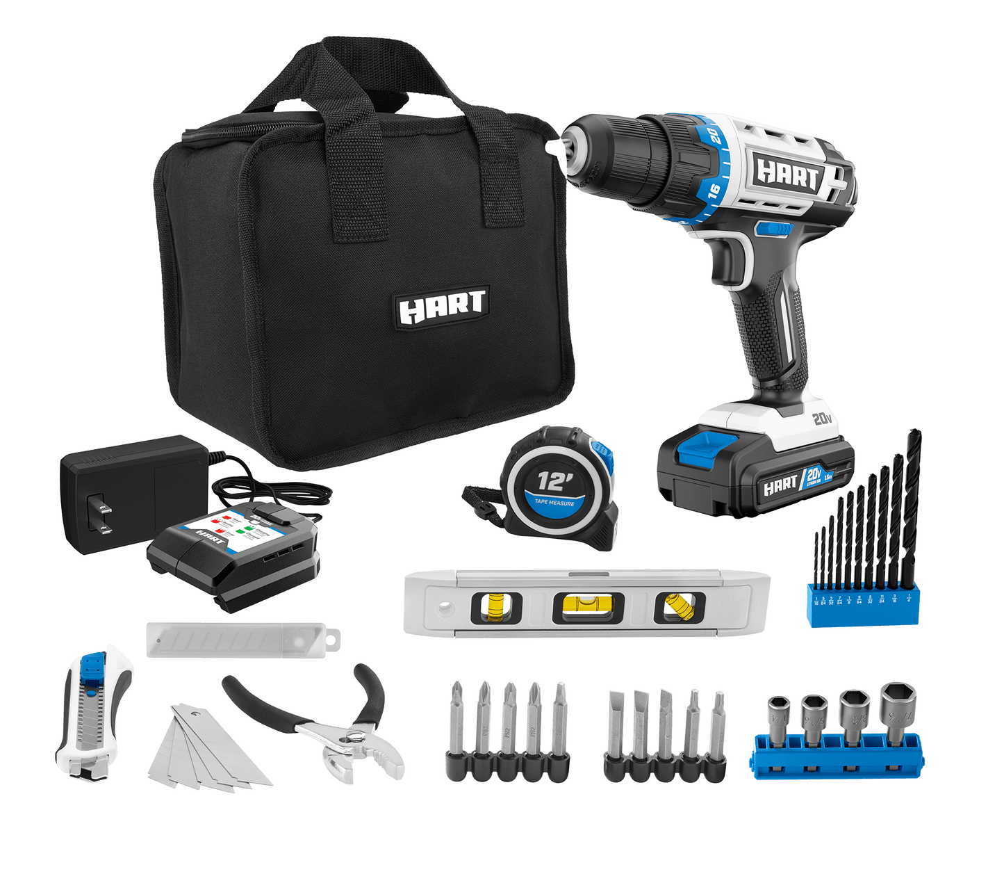 20V 3/8” Cordless Drill/Driver Combo Kit + Accessories (Level, Tape Measure, Slide Knife, Pliers)