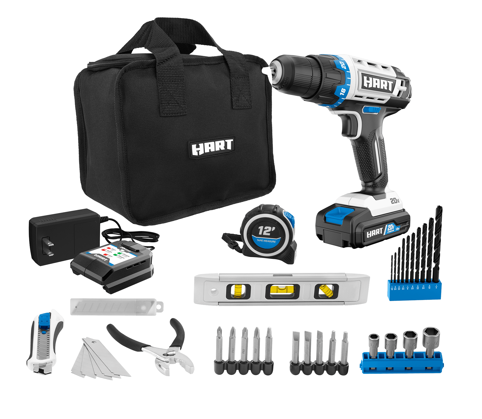 20V 3/8” Cordless Drill/Driver Combo Kit + Accessories (Level, Tape Measure, Slide Knife, Pliers)