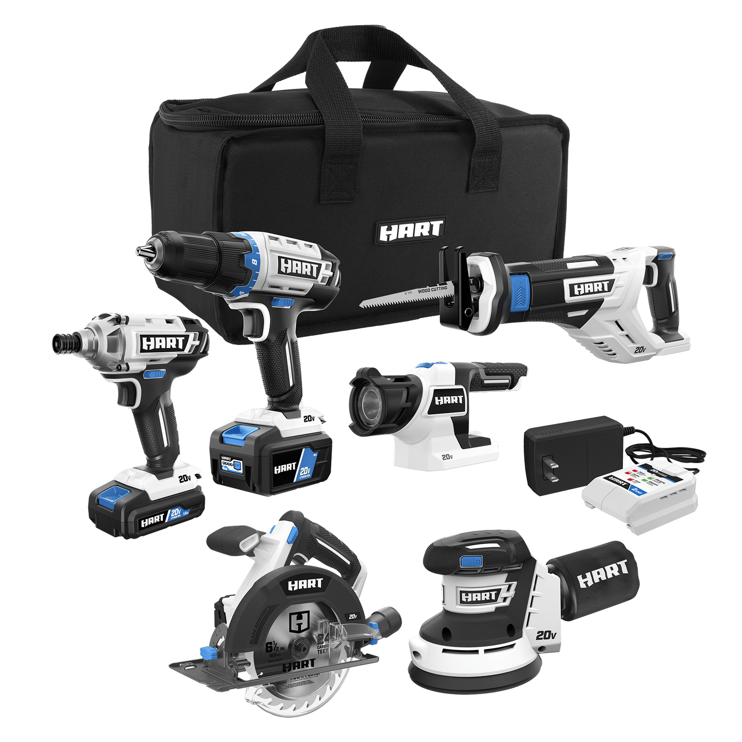 20V 6-Tool Combo Kit (1/2" Drill/Driver, Impact Driver, LED Light, Reciprocating Saw, Circular Saw, Random Orbit Sander, (1) 4.0Ah & (1) 1.5Ah Lithium-Ion Batteries)