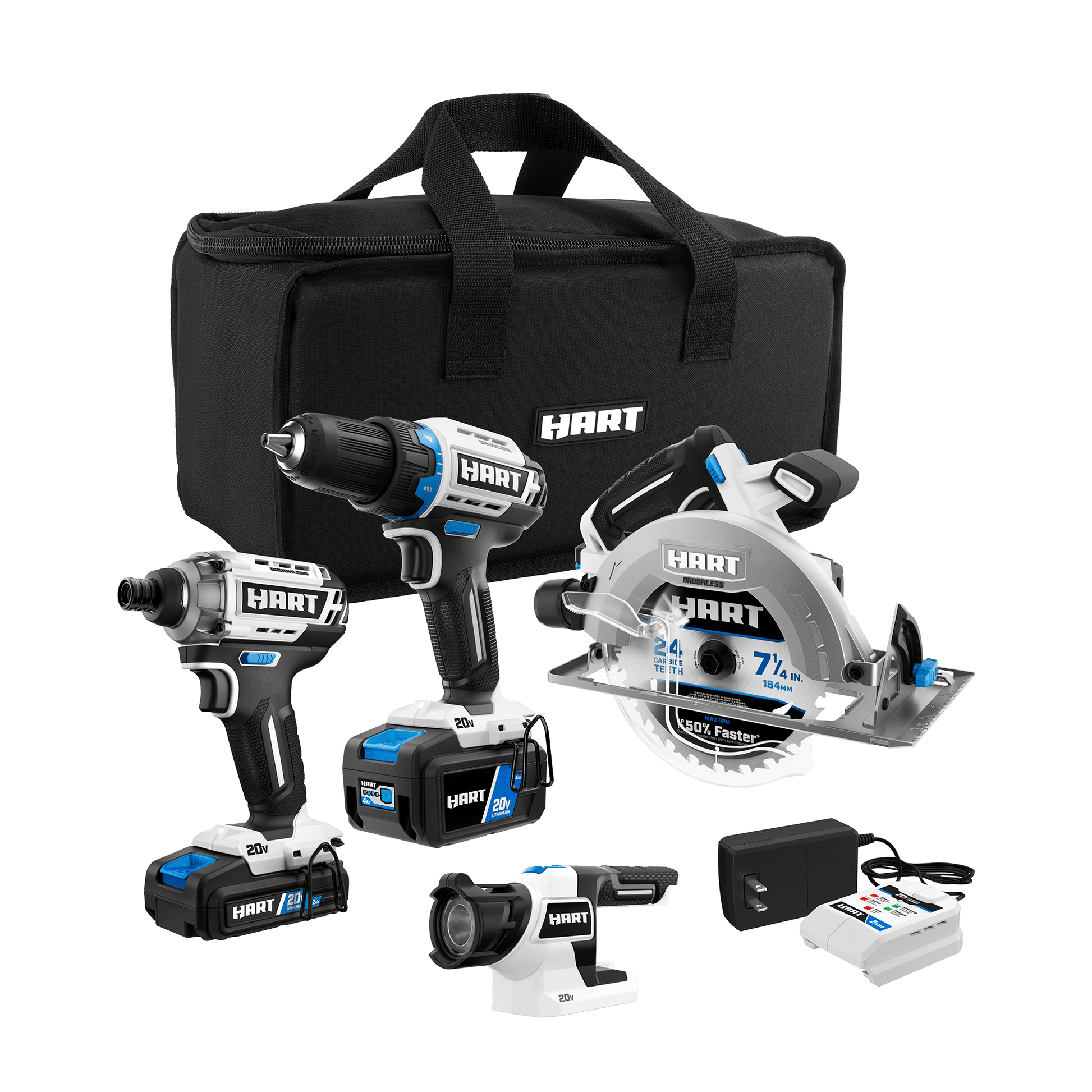 20V Brushless 4-Tool Combo Kit (1/2" Drill/Driver, Impact Driver, 7-1/4" Circular Saw, LED Light)