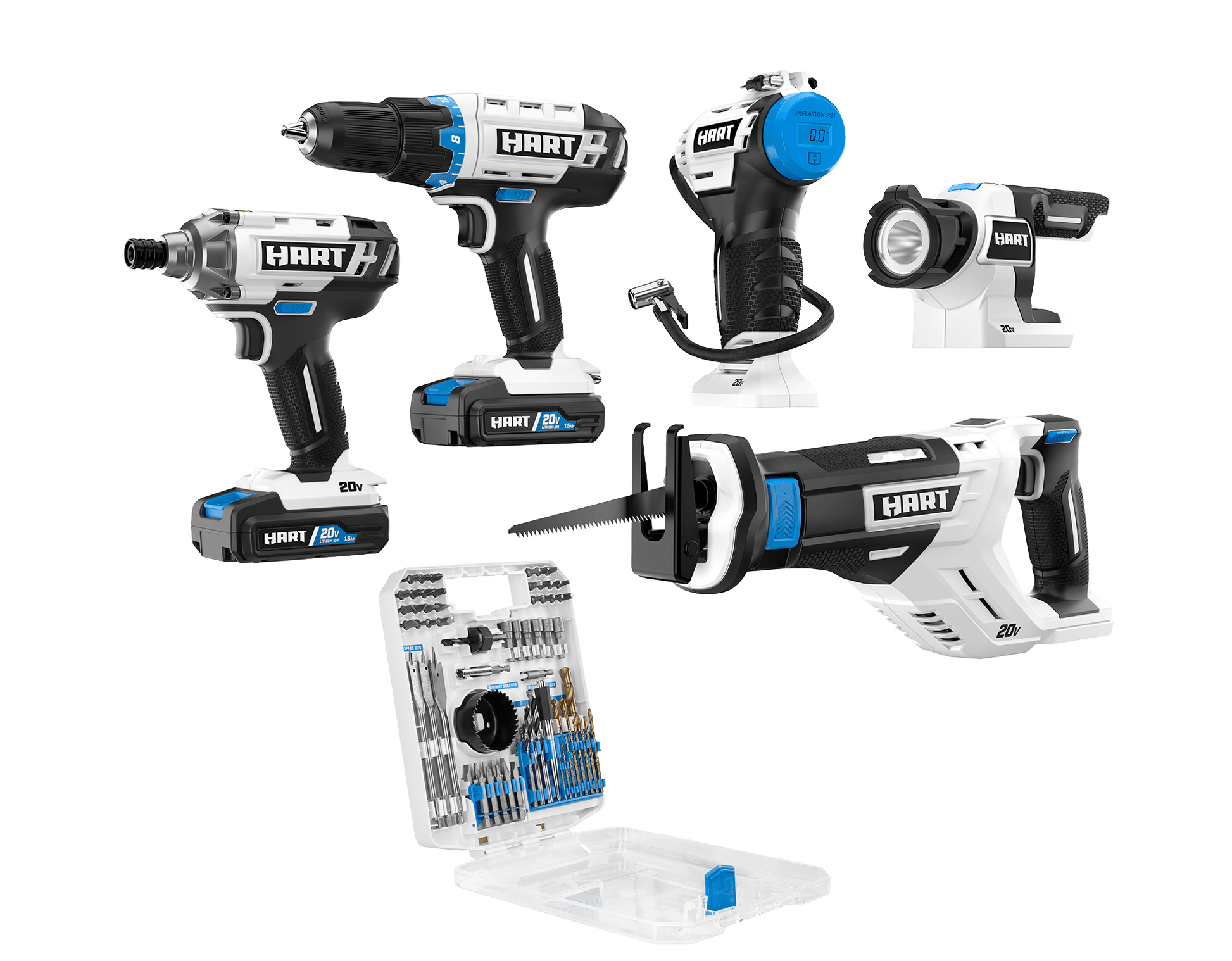 20V Cordless 5-Tool Combo Kit (1/2" Drill/Driver, Impact Driver, Reciprocating Saw, Inflator, LED Work Light, 70PC Drill/Drive Bit Set, (2) 1.5Ah Lithium-Ion Batteries)