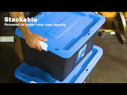 Caja de asas de almacenamiento de plástico negro con cierre resistente de 27 galones