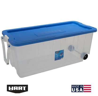 200 Qt Clear Rolling Plastic Storage Tote with Blue Lid