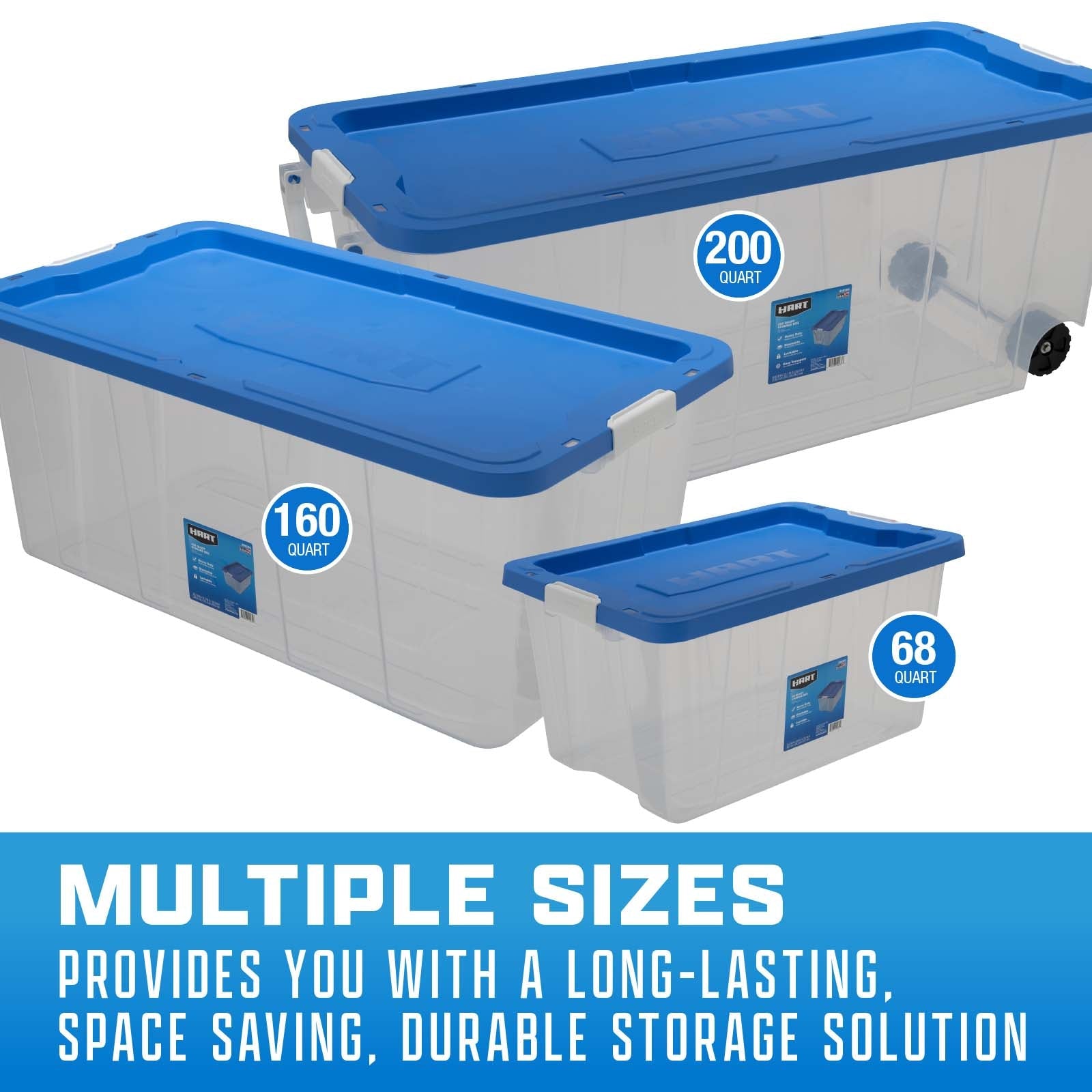 200 Qt Clear Rolling Plastic Storage Tote with Blue Lid