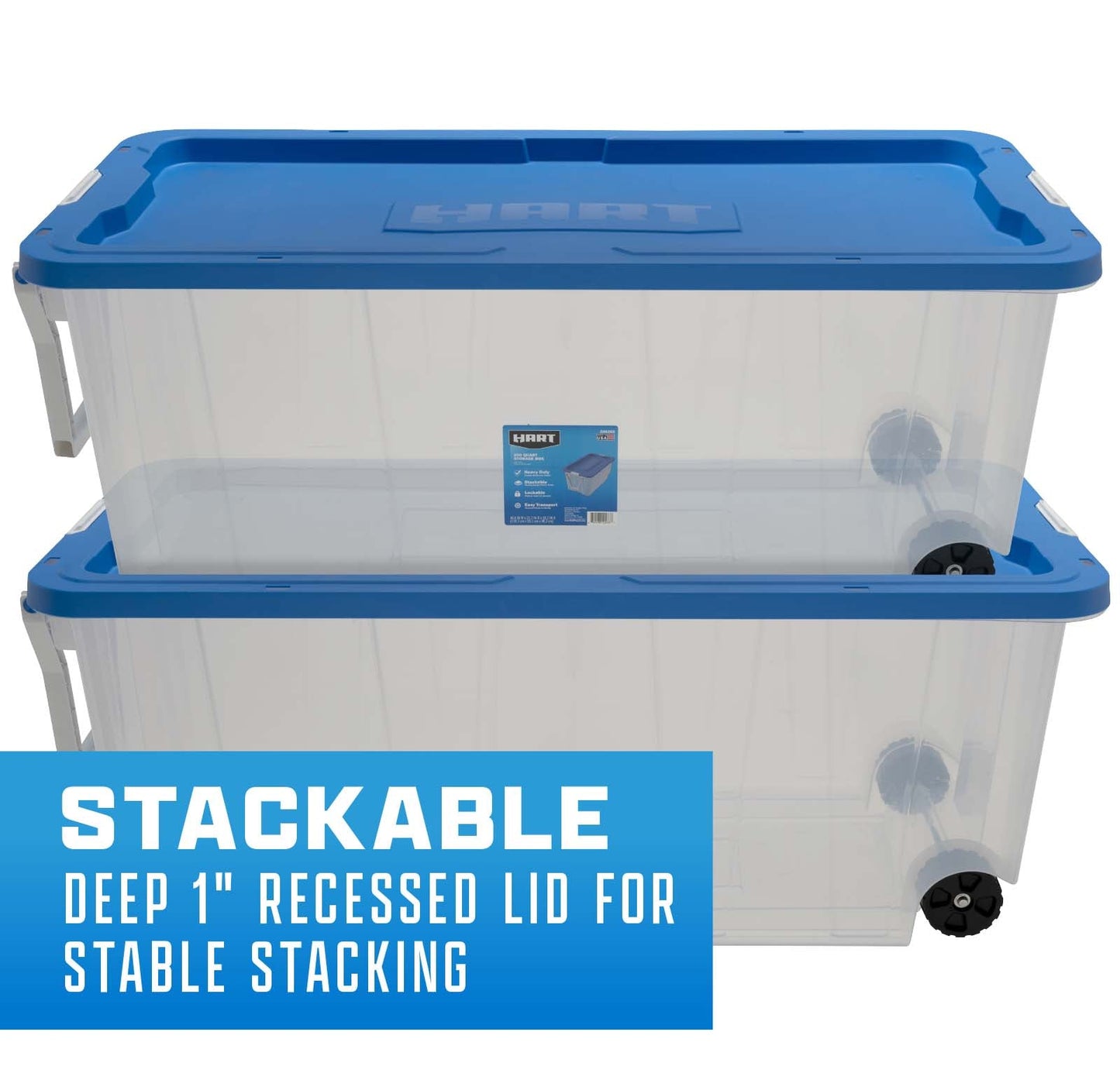 200 Qt Clear Rolling Plastic Storage Tote with Blue Lid