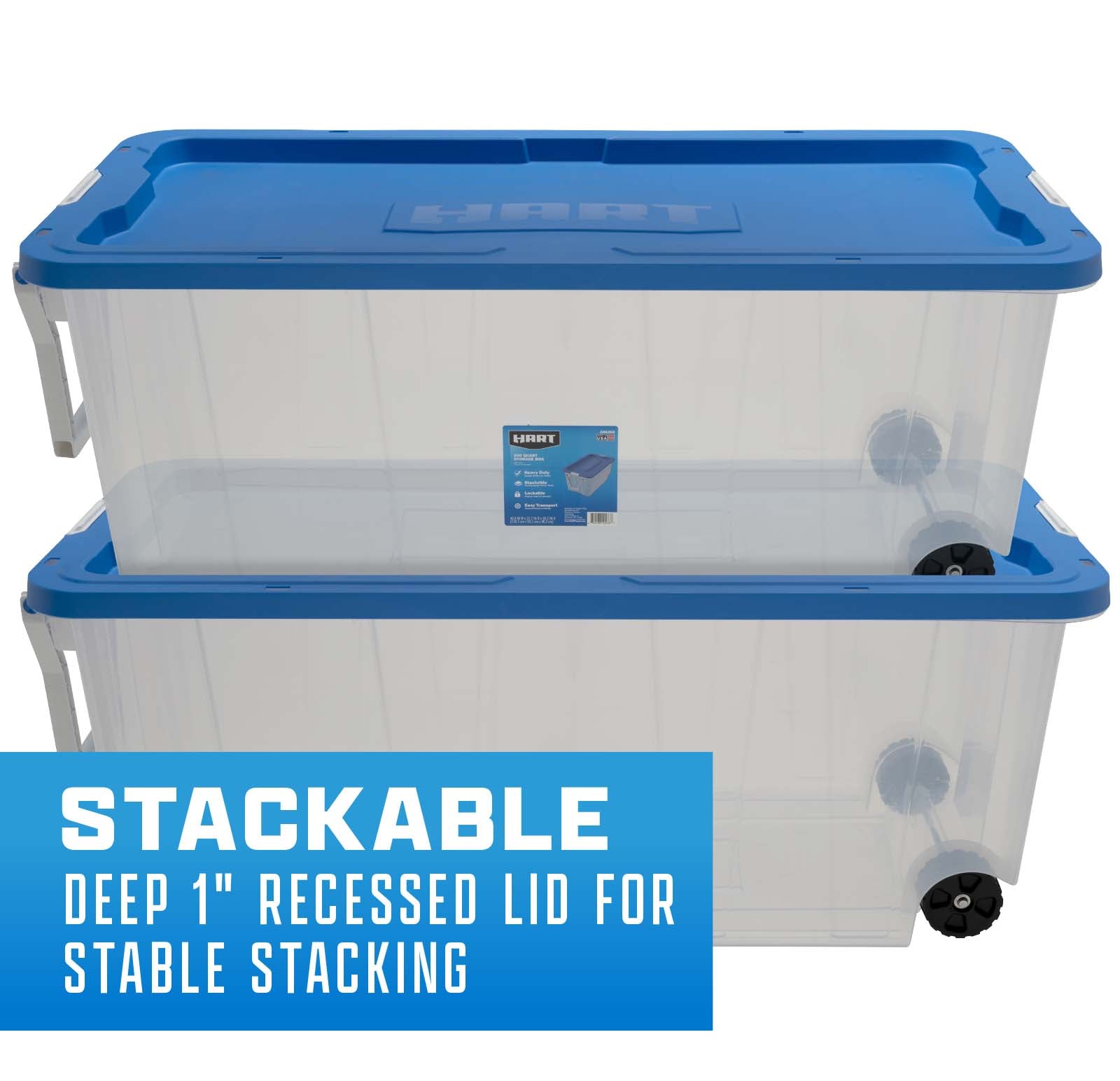 200 Qt Clear Rolling Plastic Storage Tote with Blue Lid - Set of 2