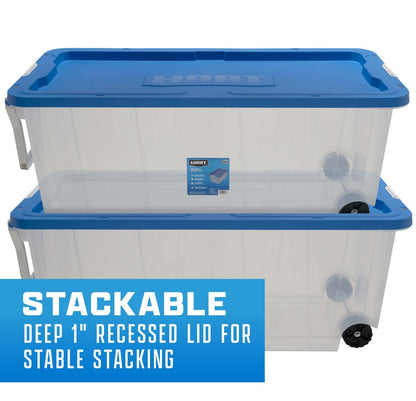 200 Qt Clear Rolling Plastic Storage Tote with Blue Lid - Set of 2