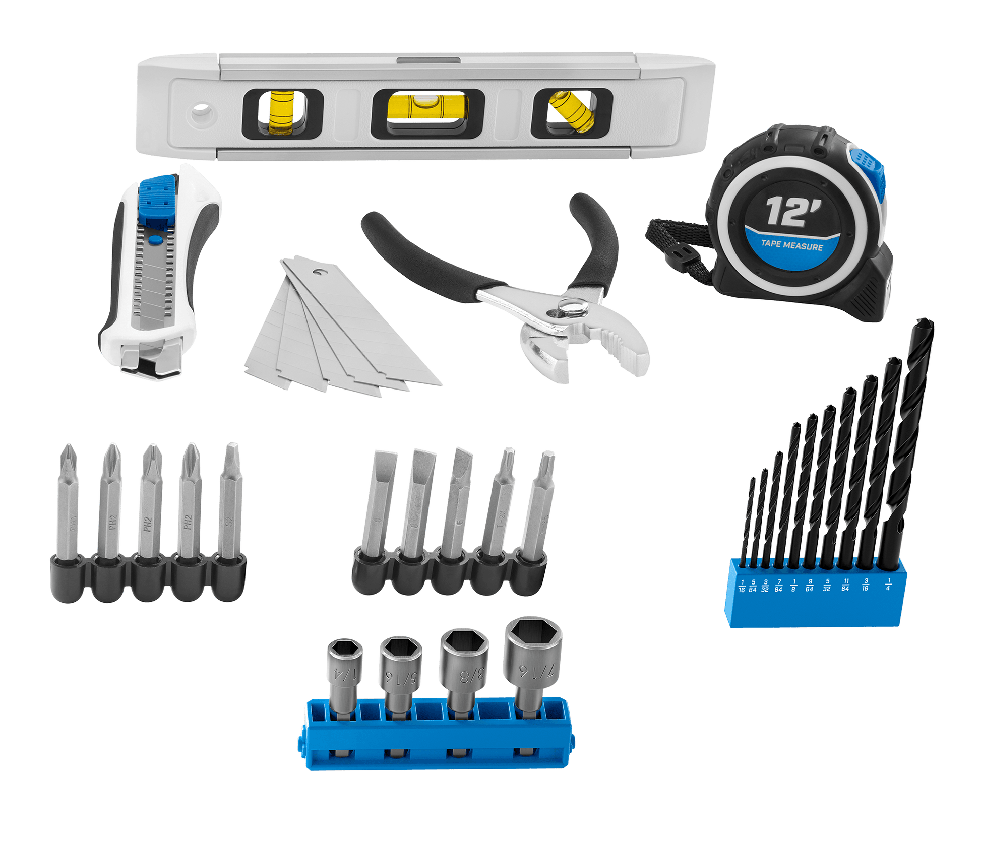 20V 3/8” Cordless Drill/Driver Combo Kit + Accessories (Level, Tape Measure, Slide Knife, Pliers)