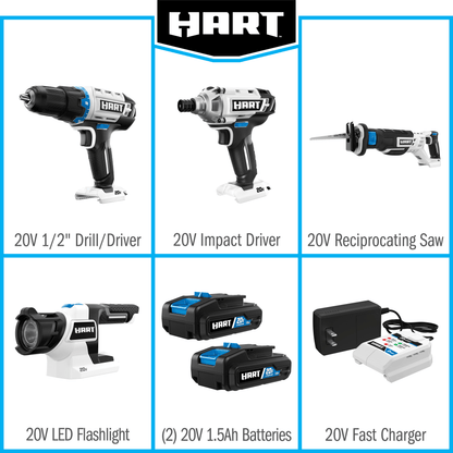 20V 4-Tool Combo Kit (1/2" Drill/Driver, Impact Driver, Reciprocating Saw, LED Light, (2) 1.5Ah Lithium-Ion Batteries)