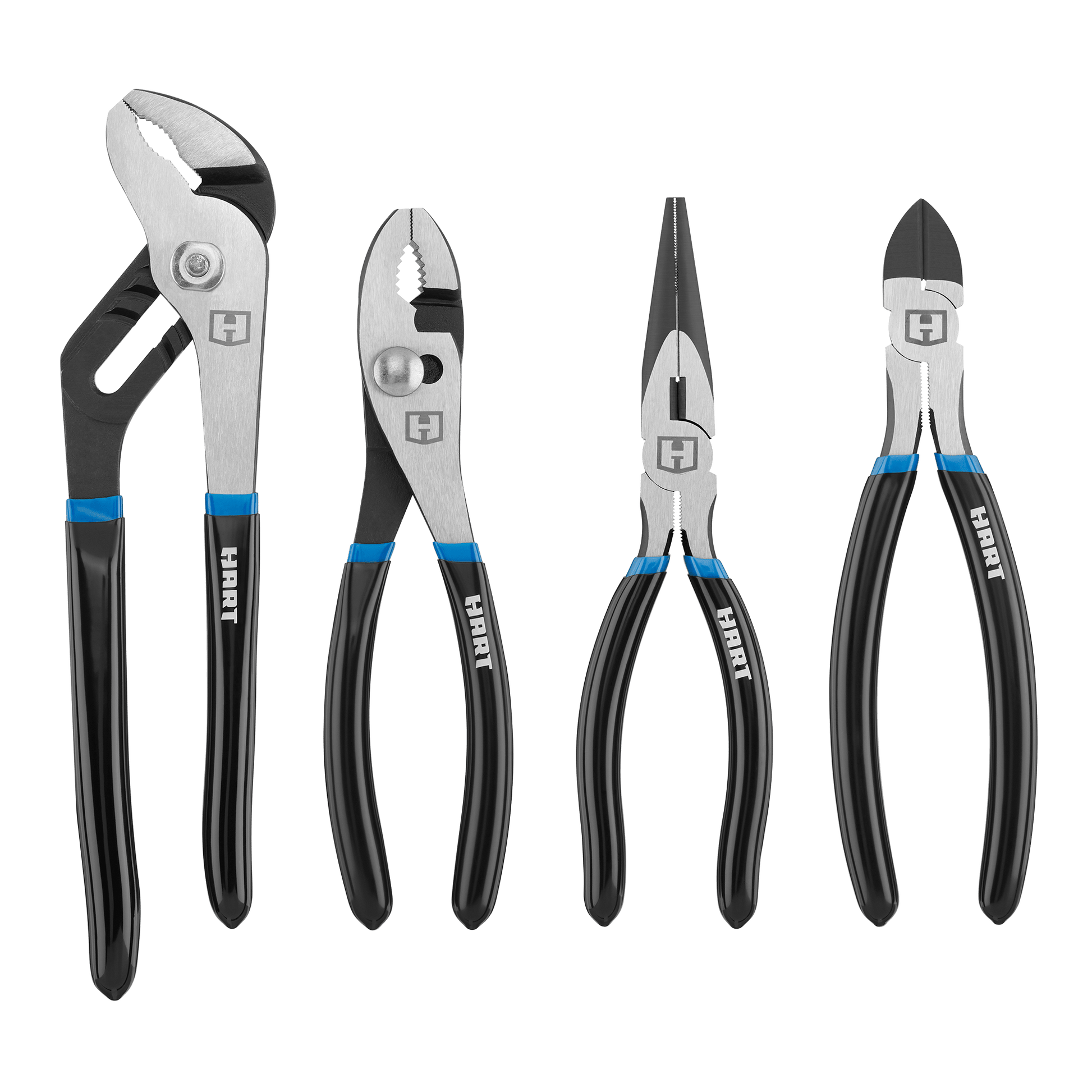 4 PC. Pliers Set w/ 10" Groove Joint, 8" Slip Joint, 8" Long Nose & 8" Diagonal