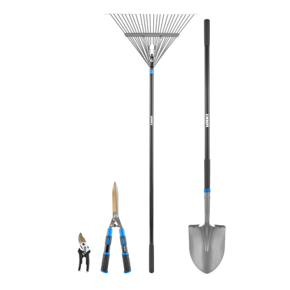 Garden Tool Starter Kit (Digging Shovel, Leaf Rake, Hedge Shears, 5/8" Bypass Hand Pruner)