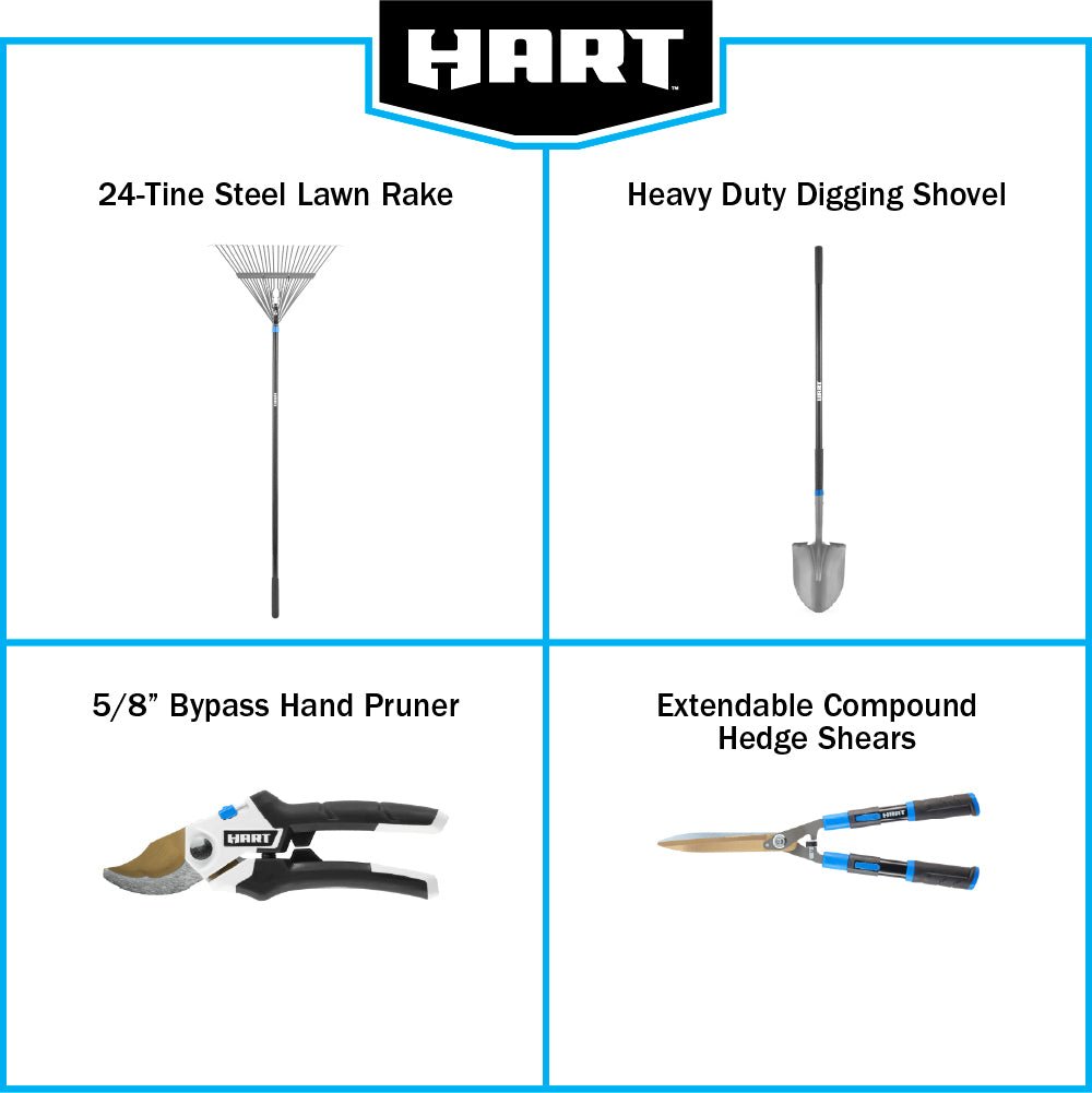 Garden Tool Starter Kit (Digging Shovel, Leaf Rake, Hedge Shears, 5/8" Bypass Hand Pruner)